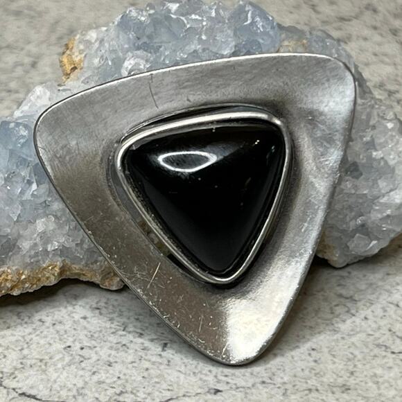Vintage Corocraft silvertone and black triangular brooch modern mcm estate - Picture 1 of 5